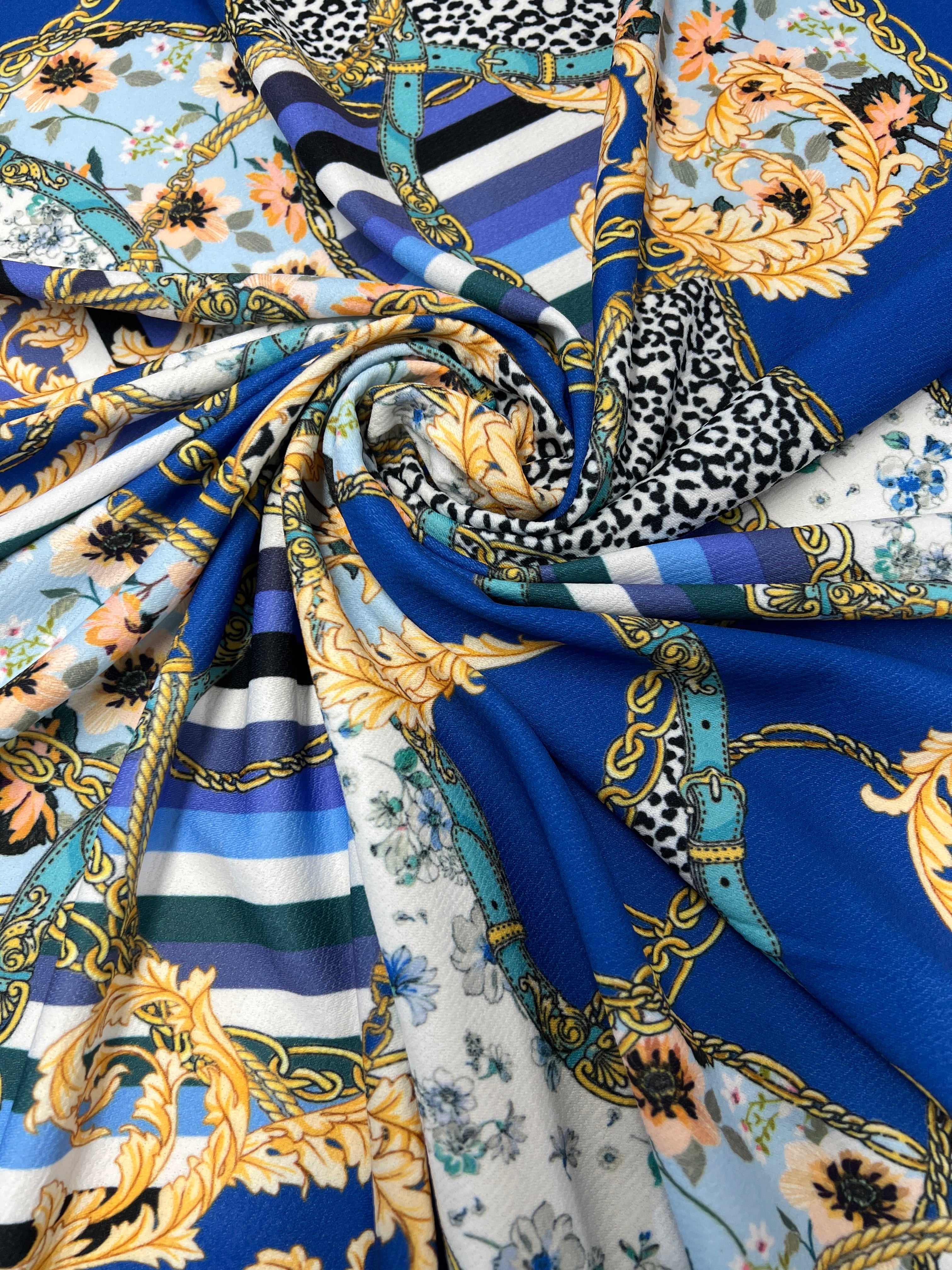 Baroque chain leopard crepe fabric with floral stripes